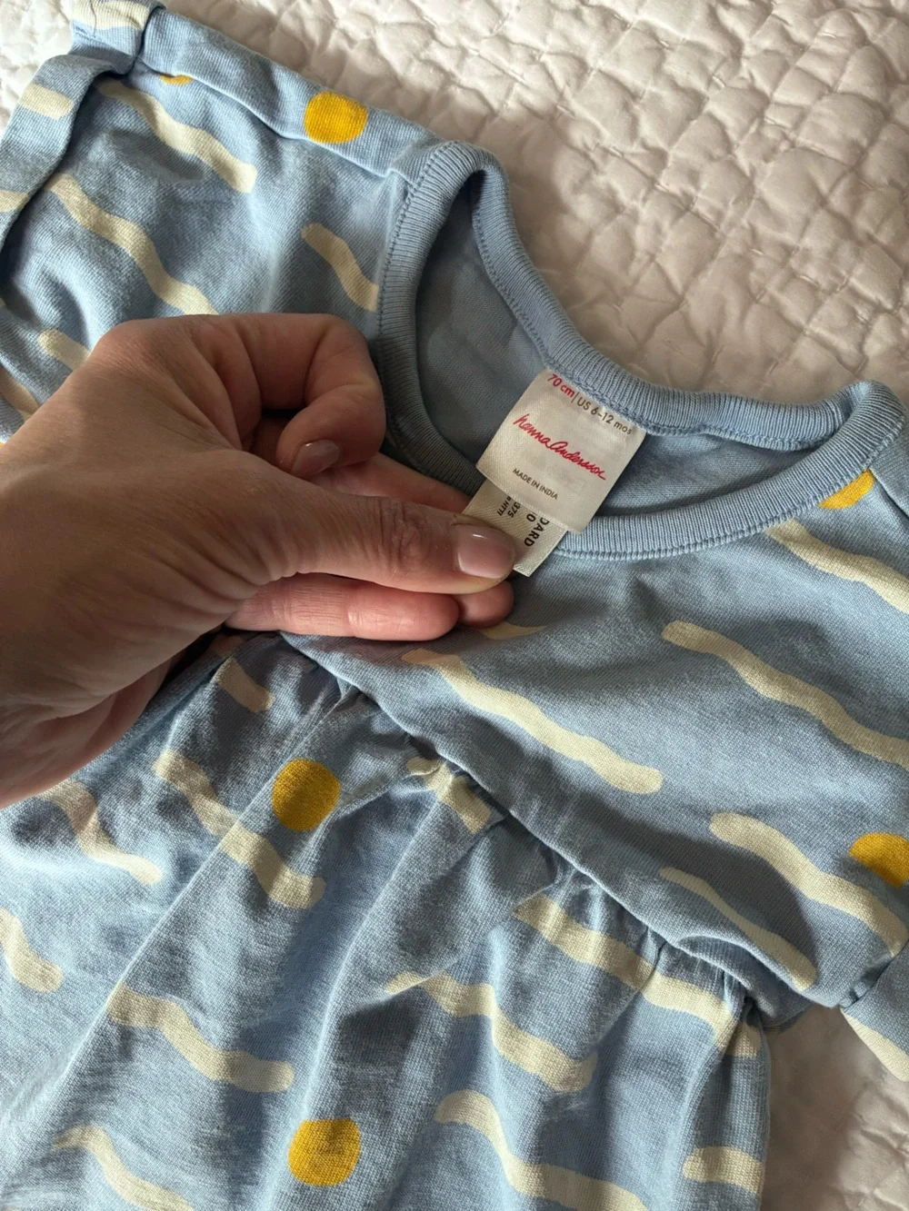 Hanna Andersson Light Blue top and shorts with Yellow Dot & White Wave Print